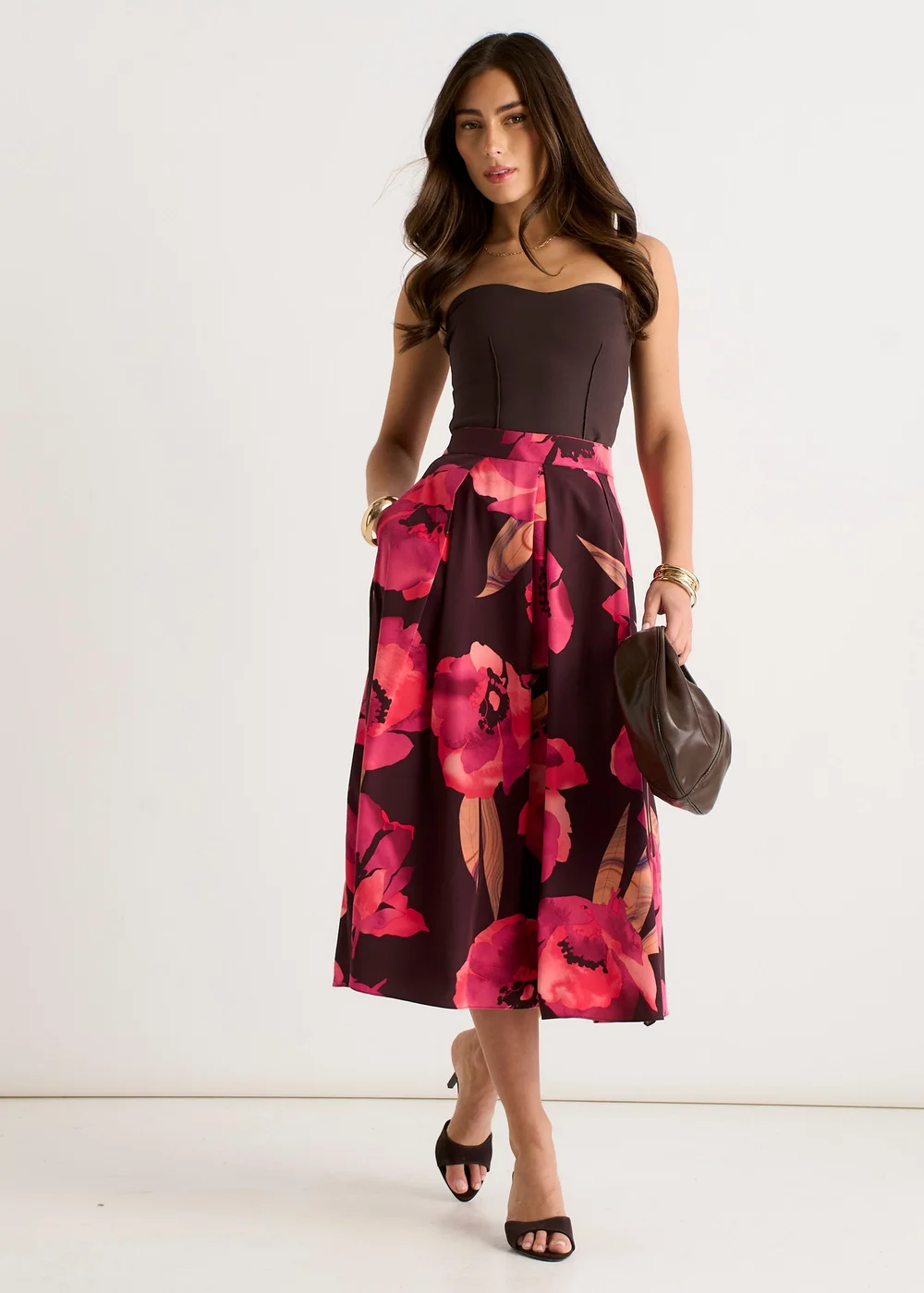 Gini London Brown Large Floral Box Pleat Midi Skirt - 12 Image 1
