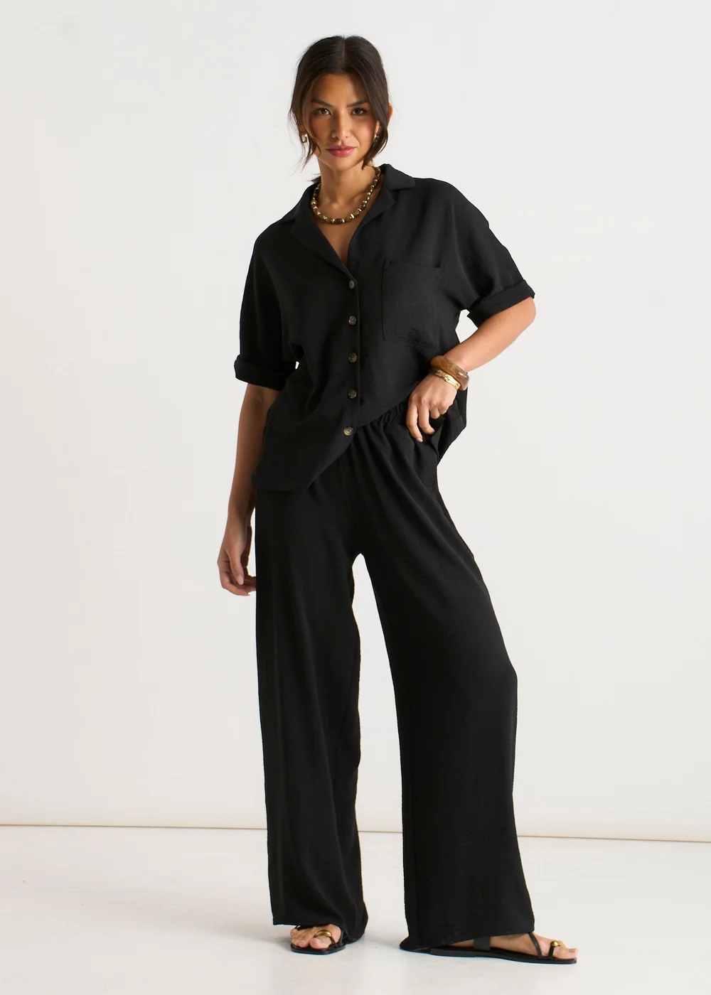 Gini London Black Elastic Waist Wide Leg Trousers - L/XL Image 2
