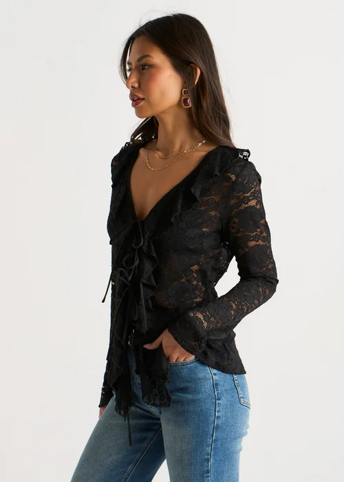 Gini London Black Jersey Lace Ruffle Tie Front Blouse - 10 Image 4