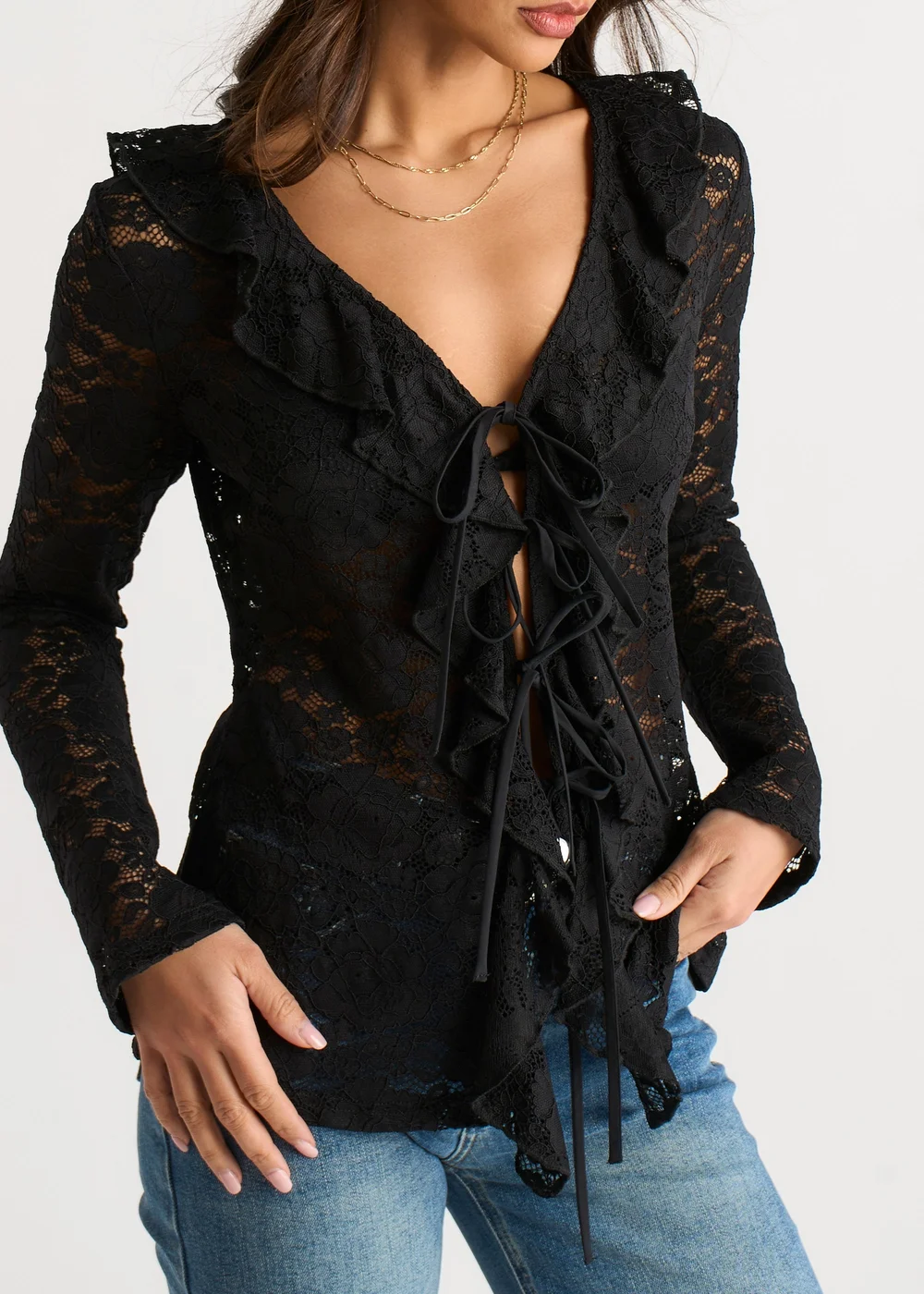 Gini London Black Jersey Lace Ruffle Tie Front Blouse - 10 Image 3