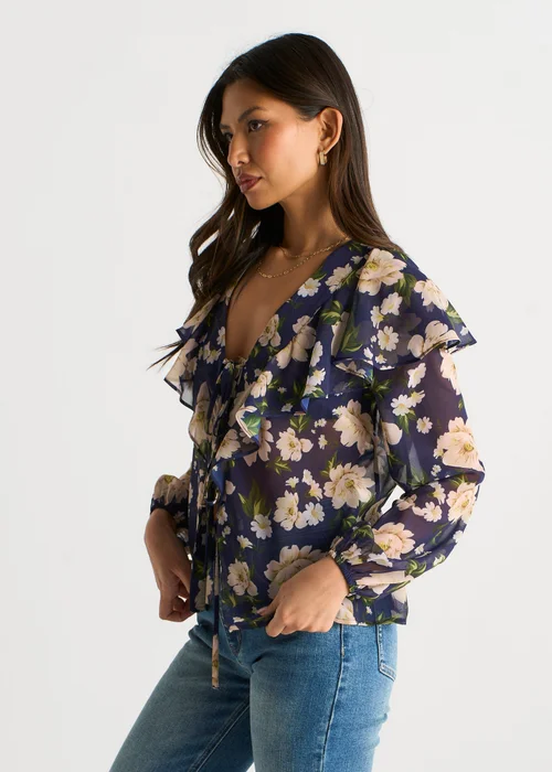 Gini London Navy Floral Ruffle Front Blouse - 14 Image 4