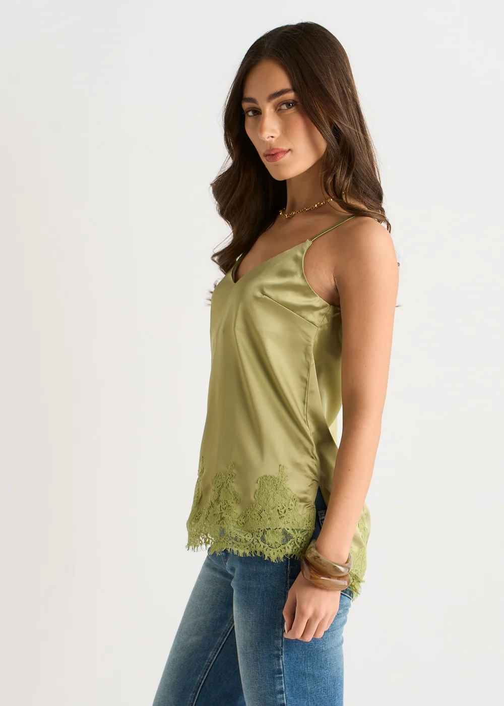 Gini London Khaki Lace Trim Satin Cami Top - 16 Image 4