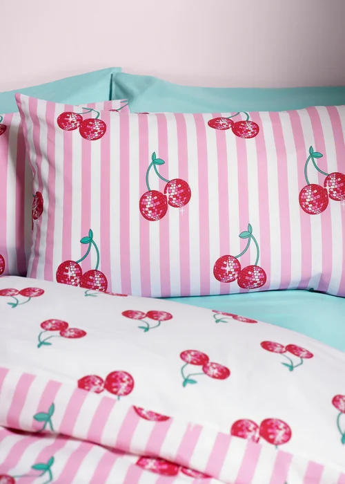 Catherine Lansfield Disco Cherries Stripes Reversible Duvet Cover Set Pink - Single Image 3