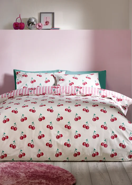 Catherine Lansfield Disco Cherries Stripes Reversible Duvet Cover Set Pink - Single Image 2