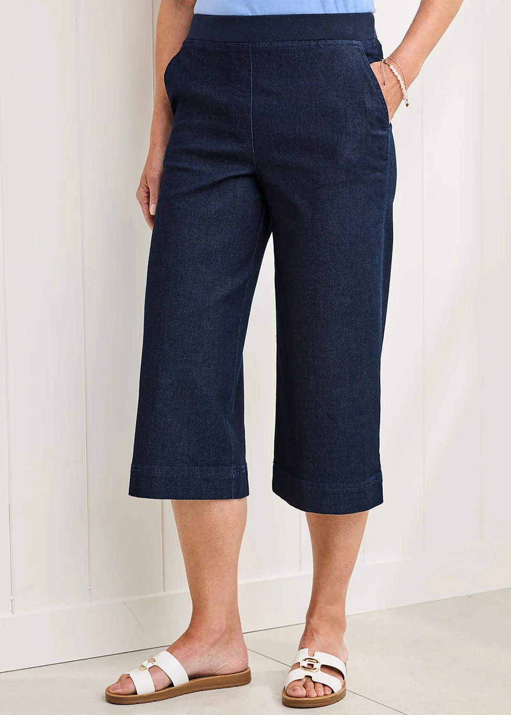 Cotton Traders Dark Blue Wide Leg Crop Pull On Jeans - 10 Image 1
