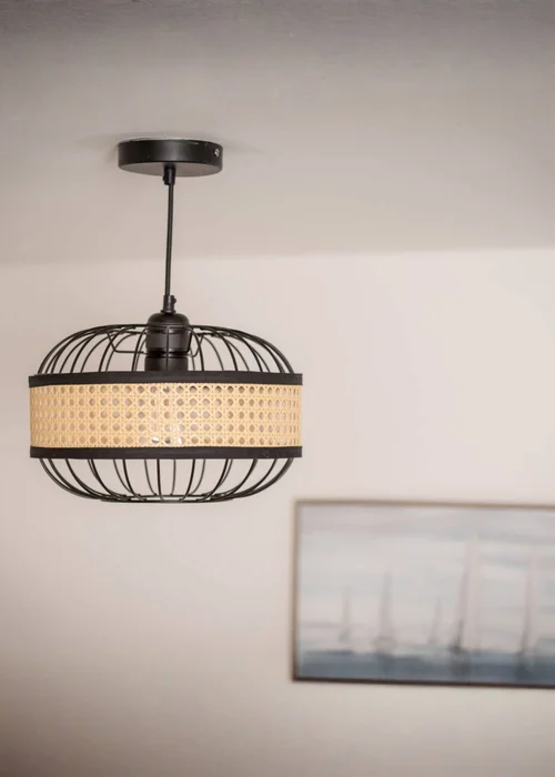 ValueLights Vimet Black Wire Pendant Shade with Wicker Band - One Size Image 1