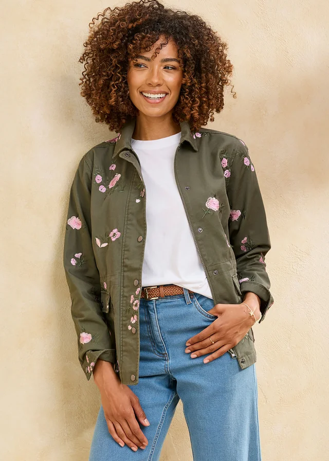 Cotton Traders Khaki Embroidered Cargo Jacket