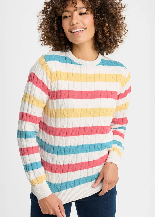 Cotton Traders Stripe White Cotton Cable Crew Neck Jumper - XL Image 4