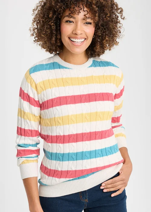 Cotton Traders Stripe White Cotton Cable Crew Neck Jumper - XL Image 3