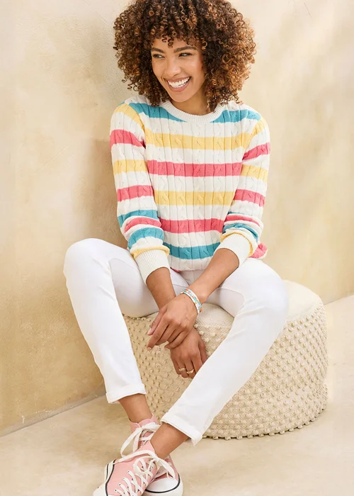 Cotton Traders Stripe White Cotton Cable Crew Neck Jumper - XL Image 1