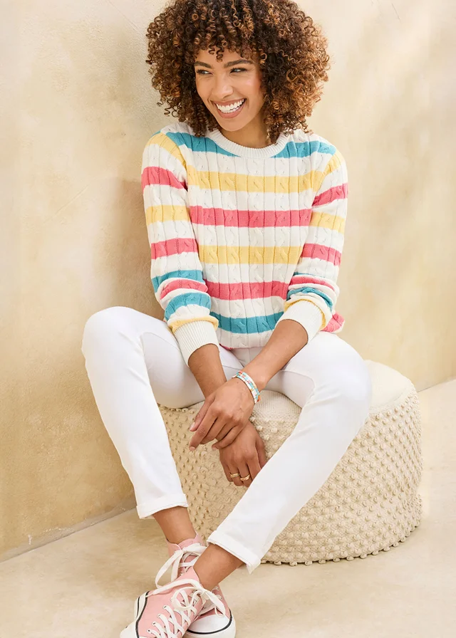 Cotton Traders Stripe White Cotton Cable Crew Neck Jumper