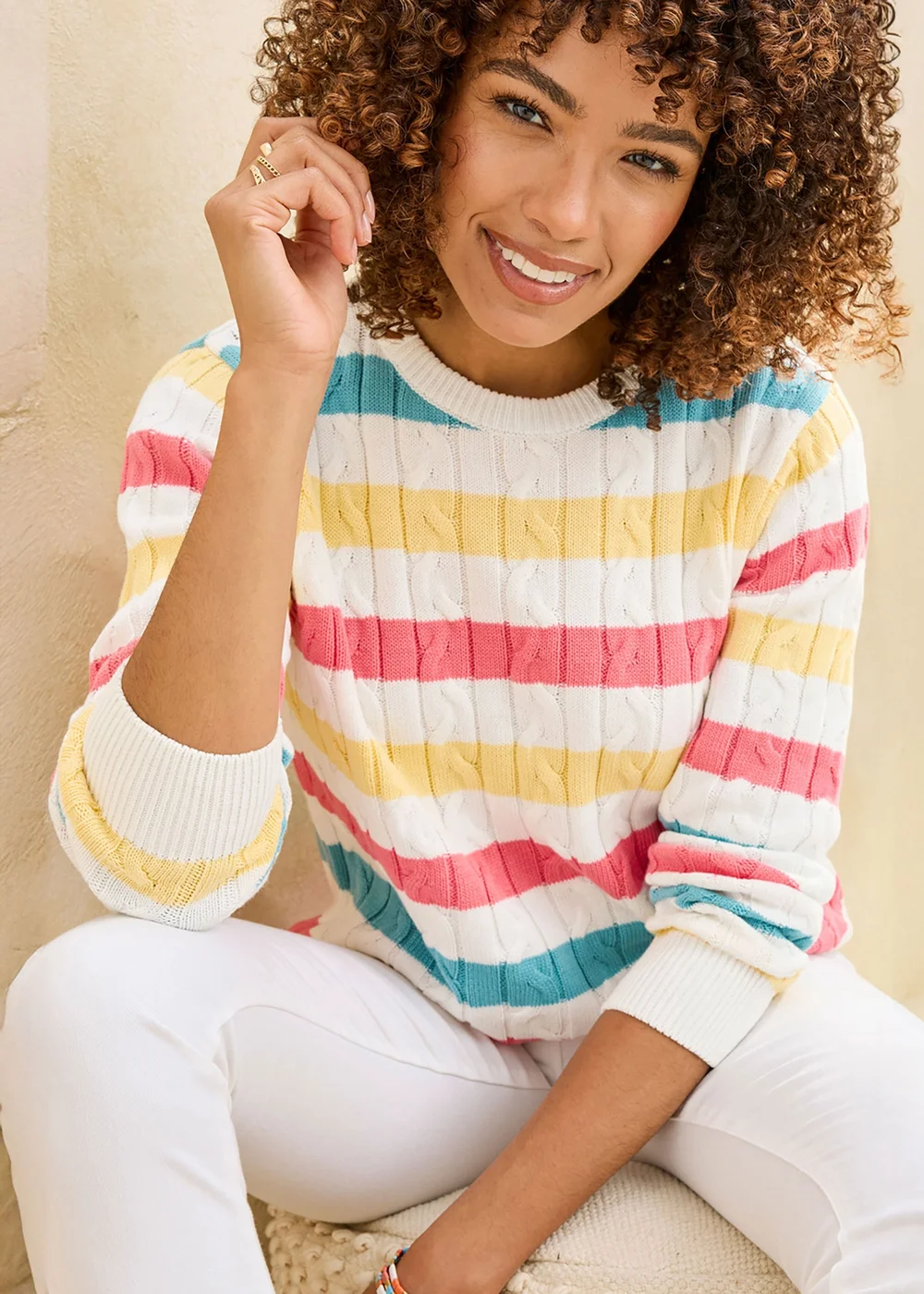 Cotton Traders Stripe White Cotton Cable Crew Neck Jumper - XL Image 2