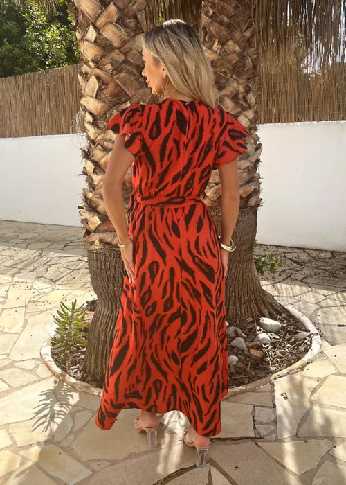 AX Paris Orange Tiger Print Flutter Sleeve Belted Wrap Midi Dress - 10 Image 5