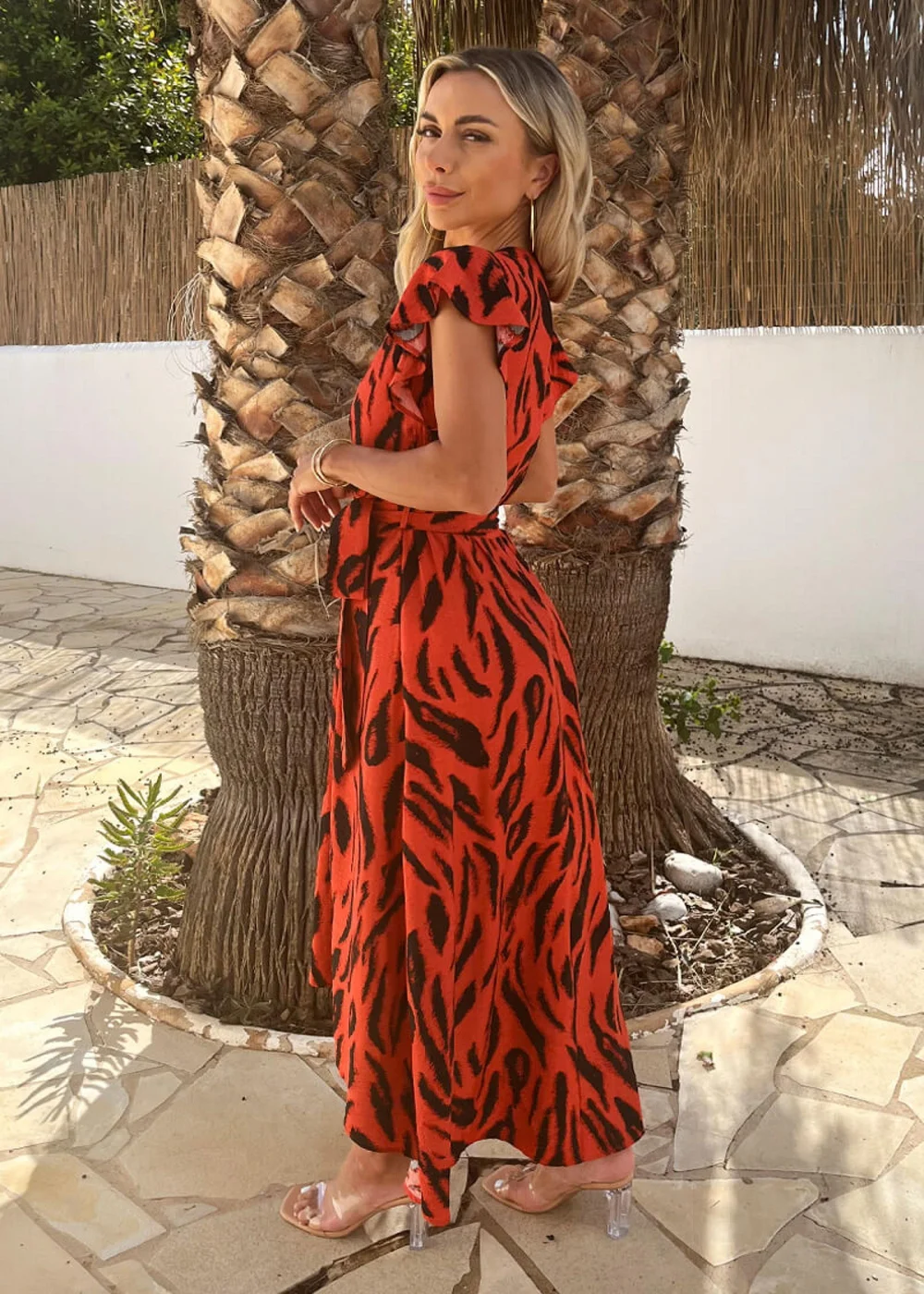 AX Paris Orange Tiger Print Flutter Sleeve Belted Wrap Midi Dress - 10 Image 4