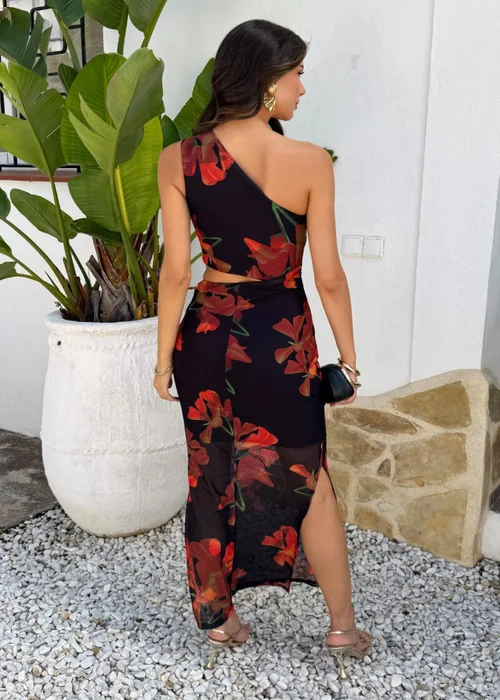AX Paris Black & Orange Floral Print One Shoulder Cut Out Mesh Midi Dress - 12 Image 5