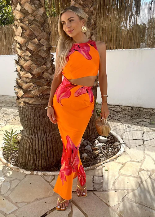 AX Paris Orange & Pink Floral Print Waist Cut Out Midi Dress - 12 Image 3