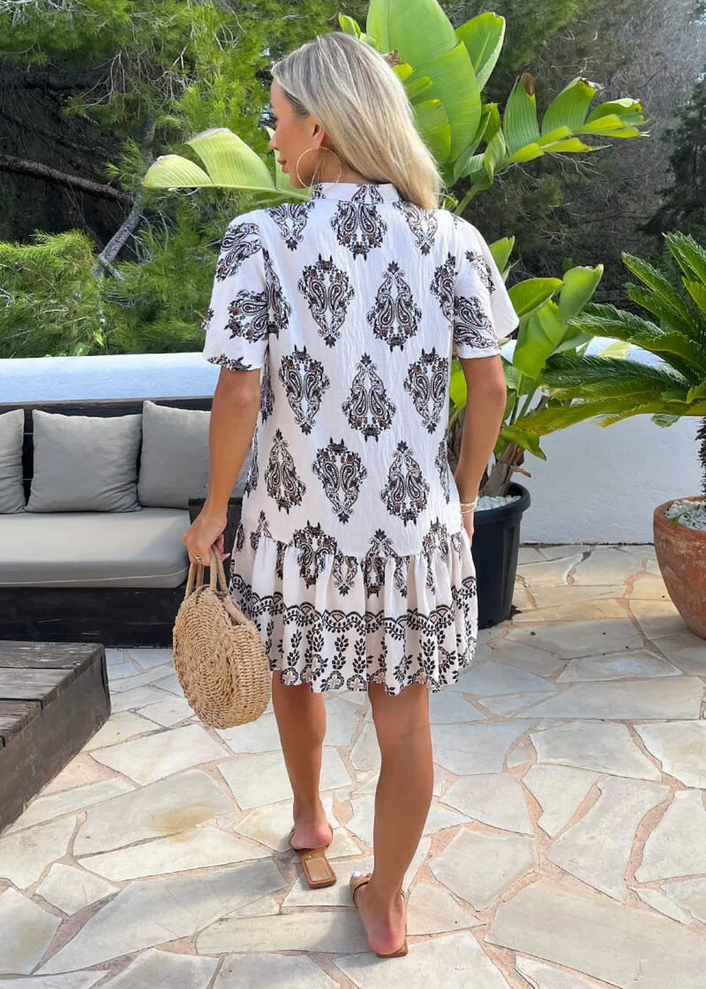 AX Paris Cream Paisley Print Button Front Frill Hem Mini Dress - 10 Image 5