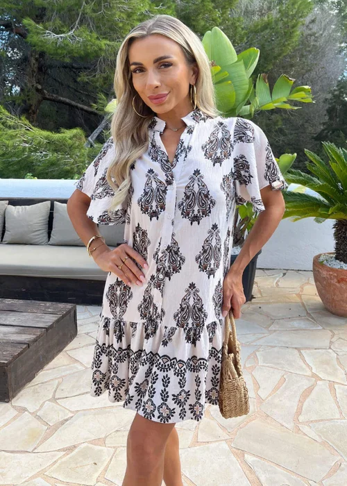 AX Paris Cream Paisley Print Button Front Frill Hem Mini Dress - 10 Image 3