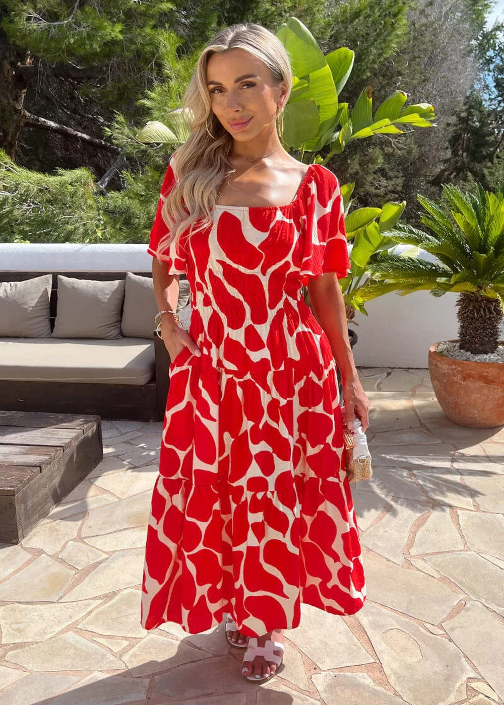 AX Paris Red Abstract Print Shirred Waist Smock Midi Dress - 12 Image 5