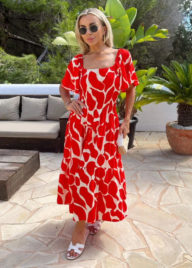 AX Paris Red Abstract Print Shirred Waist Smock Midi Dress