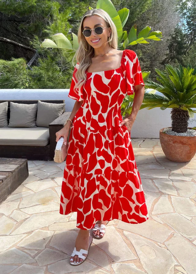 AX Paris Red Abstract Print Shirred Waist Smock Midi Dress