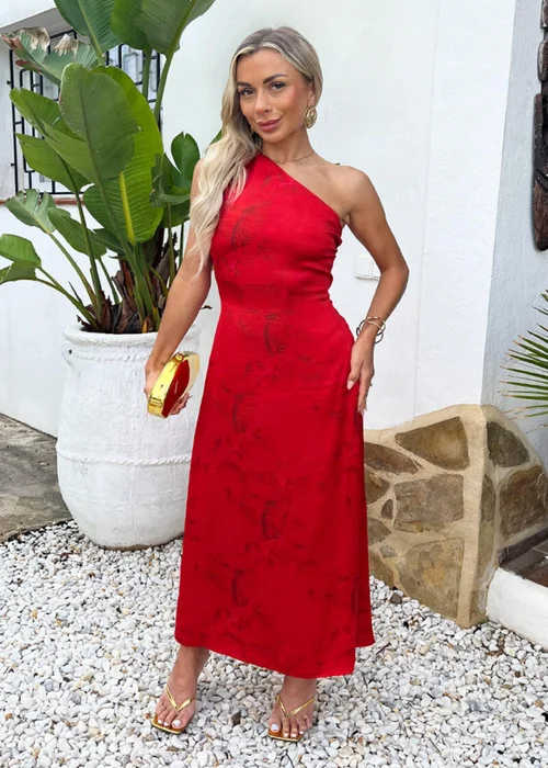 AX Paris Red Smudge Print One Shoulder Twist Back Midi Dress - 16 Image 1