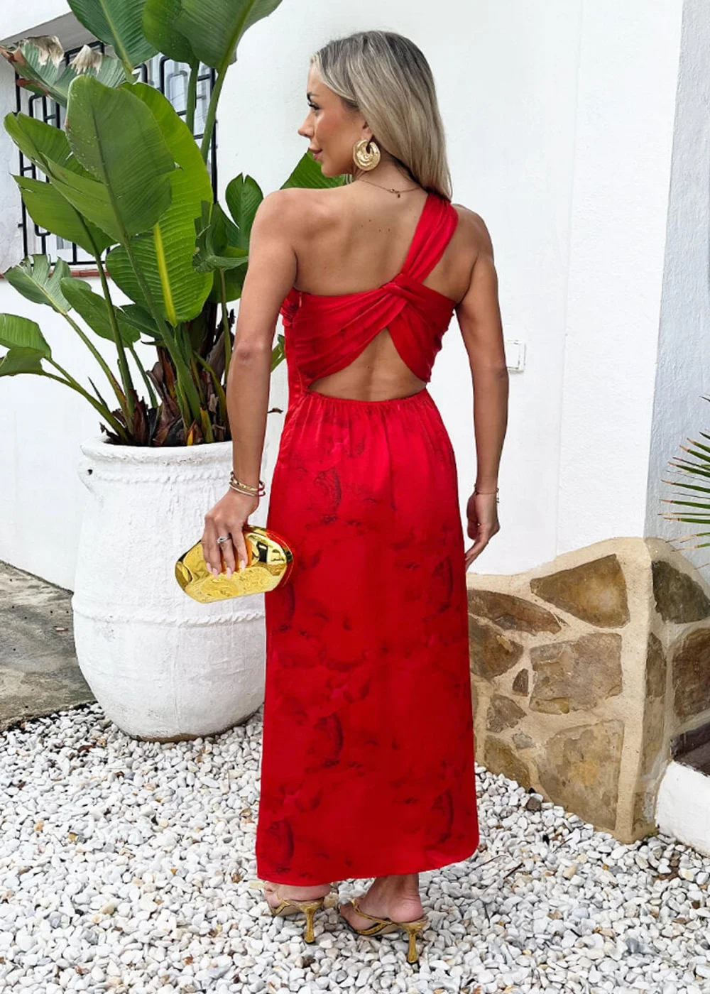 AX Paris Red Smudge Print One Shoulder Twist Back Midi Dress - 16 Image 5