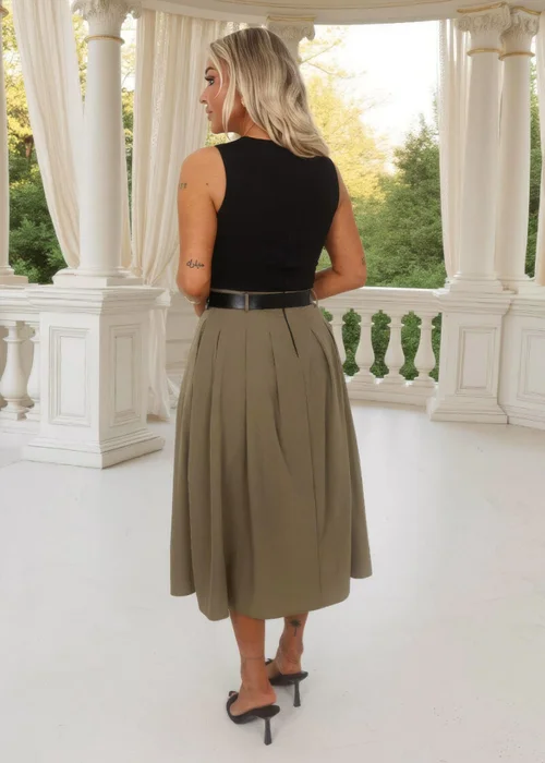 AX Paris Khaki 2 In 1 Pleated Skirt Belted Midi Dress - 8 Image 5