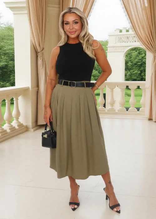 AX Paris Khaki 2 In 1 Pleated Skirt Belted Midi Dress - 8 Image 1