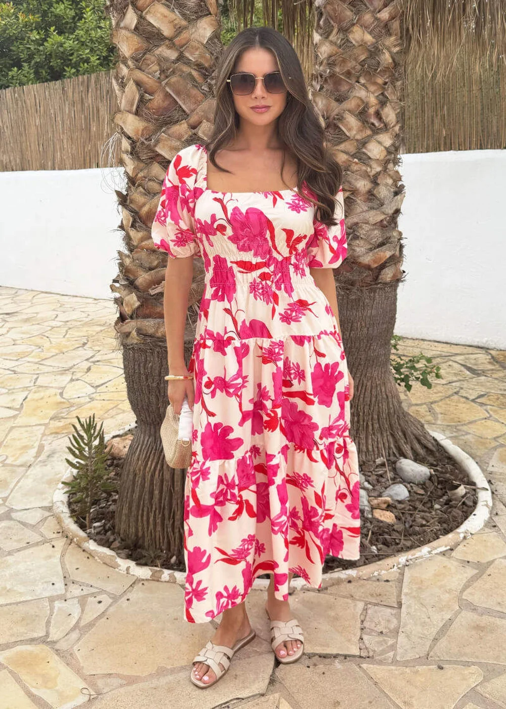 AX Paris Pink And Cream Floral Print Puff Sleeve Smock Midi Dress - 12 Image 1