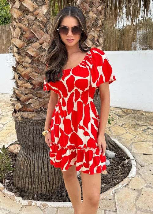 AX Paris Red Abstract Print Butterfly Sleeve Frill Hem Mini Dress - 10 Image 3
