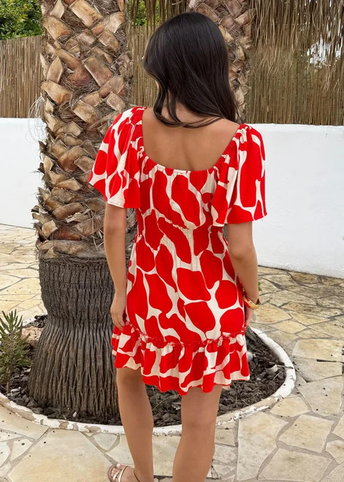 AX Paris Red Abstract Print Butterfly Sleeve Frill Hem Mini Dress - 10 Image 5