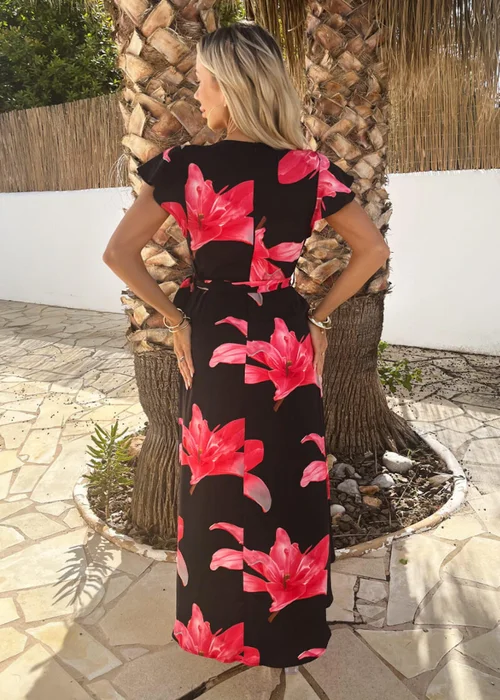 AX Paris Black And Cerise Floral Print Belted Wrap Midi Dress - 16 Image 5