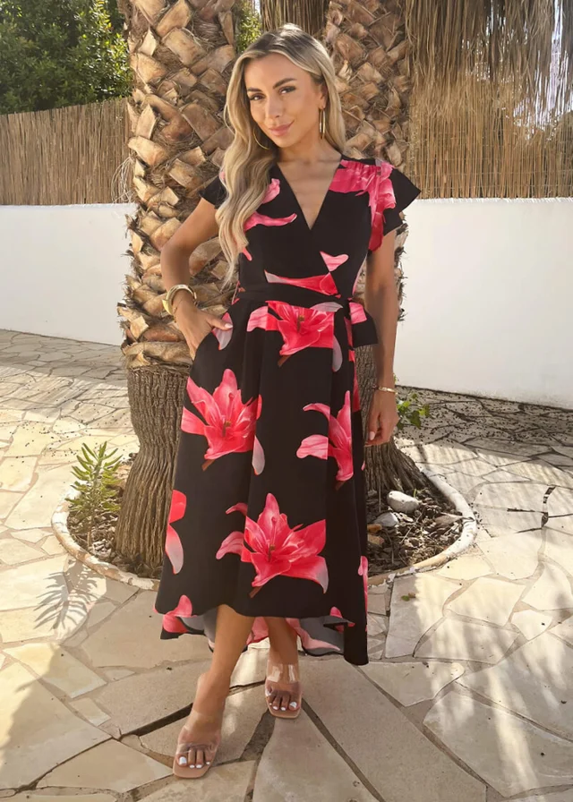 AX Paris Black And Cerise Floral Print Belted Wrap Midi Dress