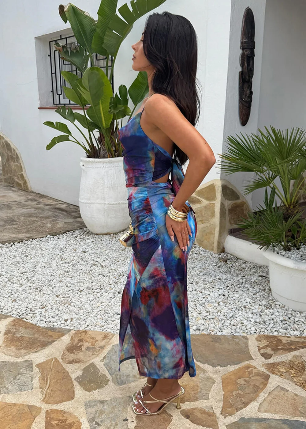 AX Paris Blue Smudge Print Cowl Neck Open Tie Back Mesh Midi Dress - 14 Image 4