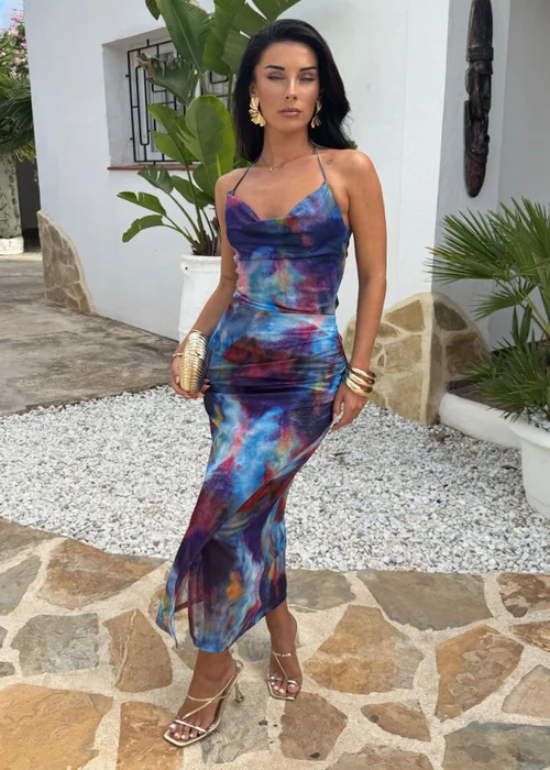 AX Paris Blue Smudge Print Cowl Neck Open Tie Back Mesh Midi Dress - 14 Image 1