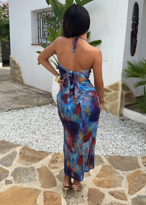 AX Paris Blue Smudge Print Cowl Neck Open Tie Back Mesh Midi Dress - 14 Image 5