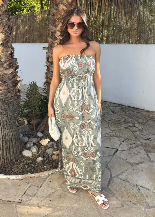 AX Paris Multi Boho Print Strapless Shirred Waist Midi Dress
