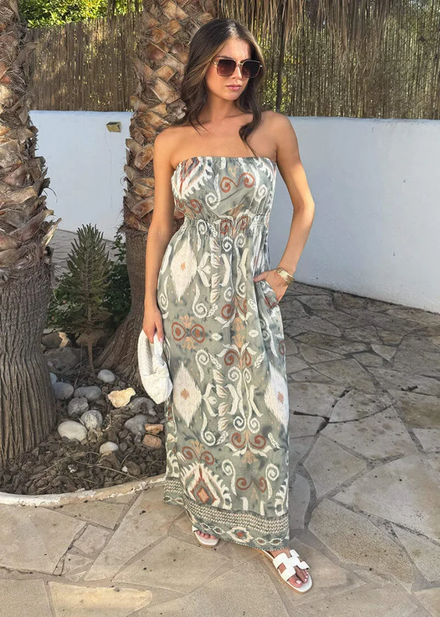 AX Paris Multi Boho Print Strapless Shirred Waist Midi Dress