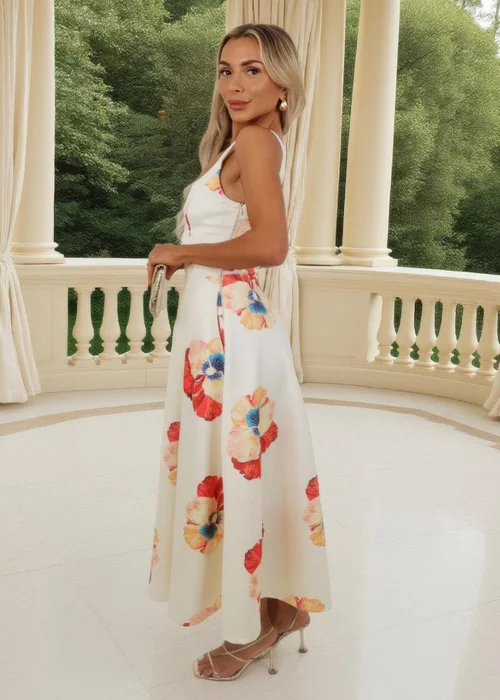 AX Paris Cream Floral Print Square Neck A-line Midi Dress - 16 Image 4