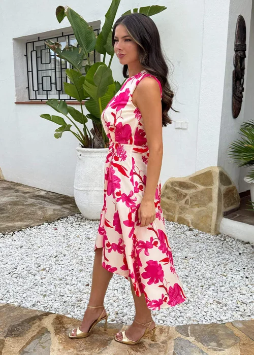 AX Paris Pink & Cream Floral Print Gathered Midi Dress - 14 Image 4