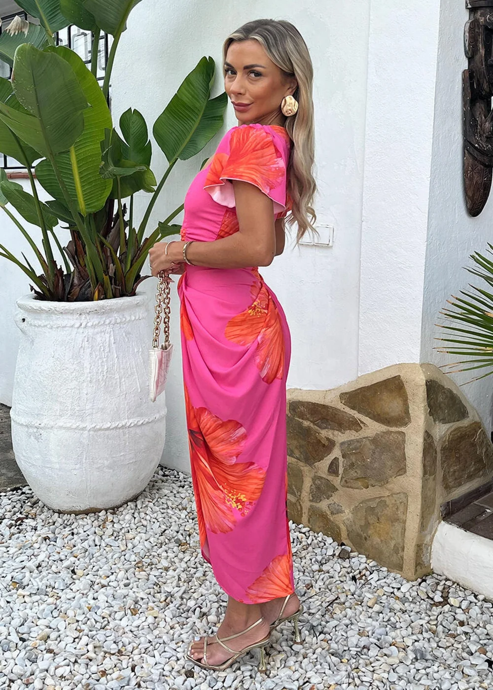 AX Paris Pink And Orange Floral Print Flutter Sleeve Gathered Midi Dress - 8 Image 4