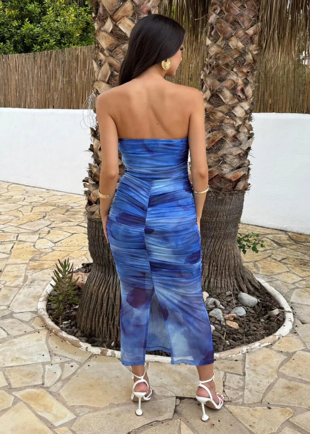 AX Paris Blue Smudge Print Strapless Ruched Bodycon Midi Dress - 16 Image 5