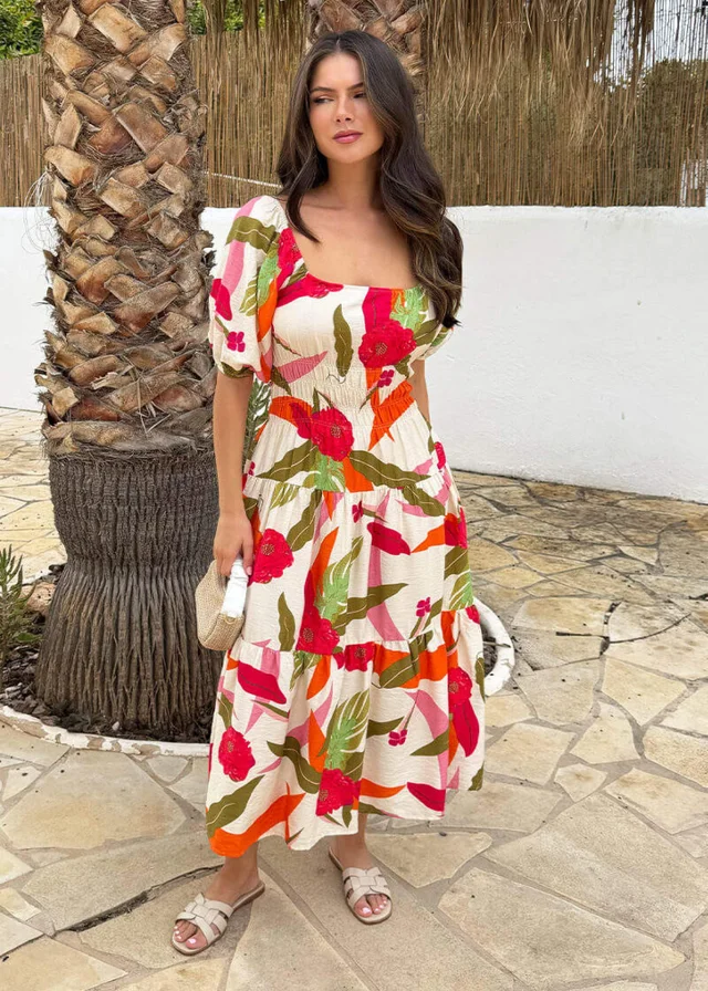 AX Paris Multi Floral Print Shirred Waist Smock Midi Dress