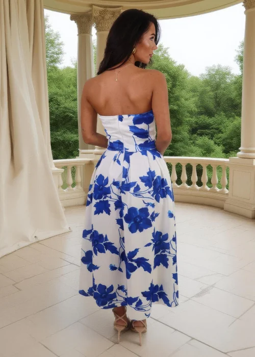 AX Paris Blue & Cream Floral Print Bandeau A-Line Midi Dress - 14 Image 5