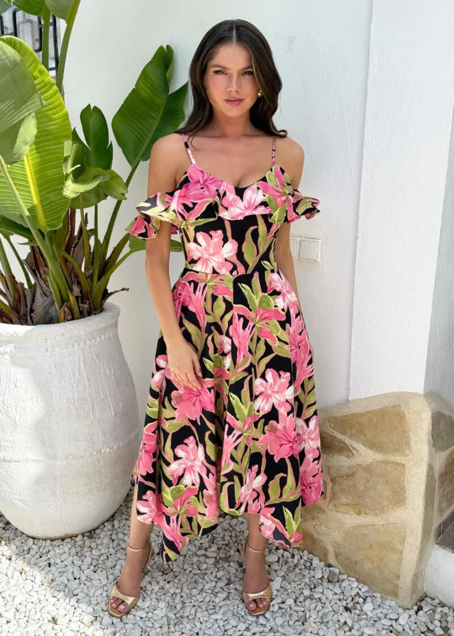 AX Paris Pink Tropical Flower Print Cold Shoulder Zig Zag Hem Midi Dress