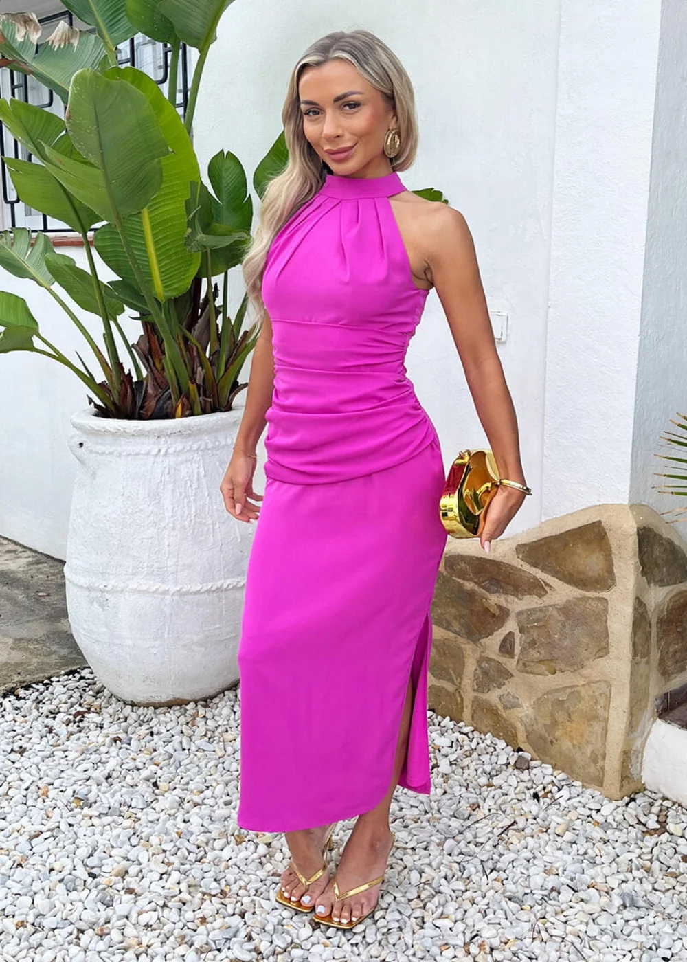 AX Paris Hot Pink Halter Neck Draped Waist Midi Dress - 12 Image 2