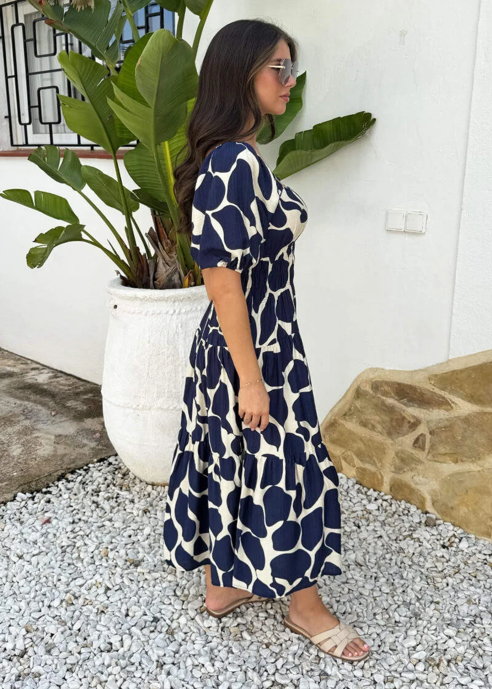 AX Paris Navy and Cream Abstract Print Puff Sleeve Smock Midi Dress - 14 Image 5
