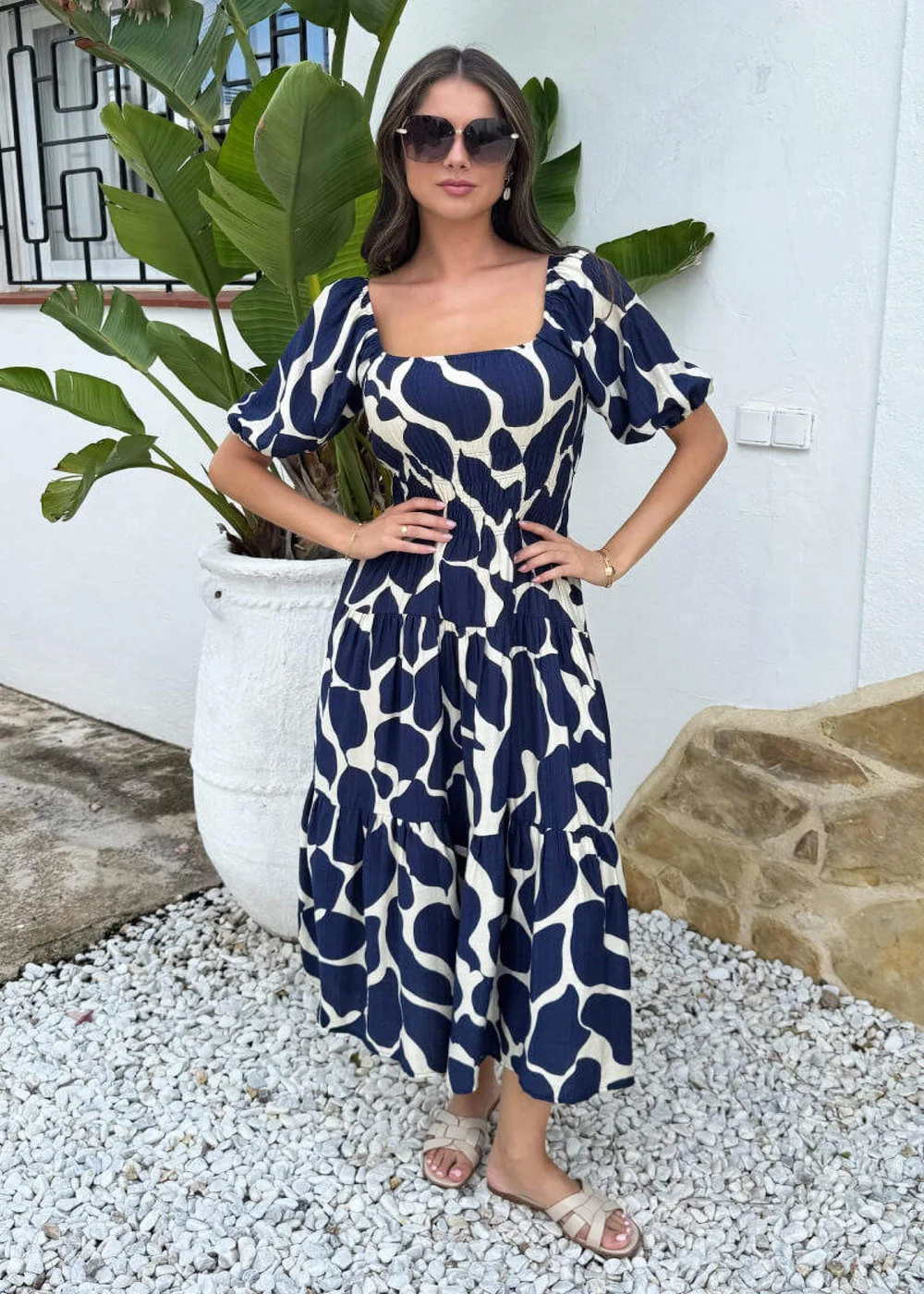 AX Paris Navy and Cream Abstract Print Puff Sleeve Smock Midi Dress - 14 Image 1