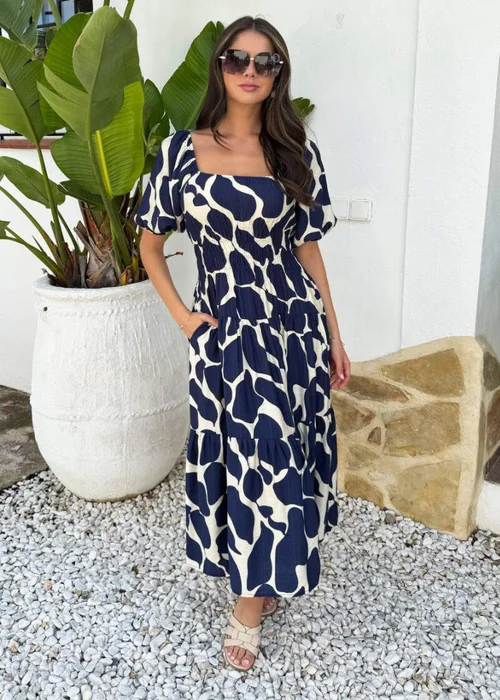 AX Paris Navy and Cream Abstract Print Puff Sleeve Smock Midi Dress - 14 Image 3